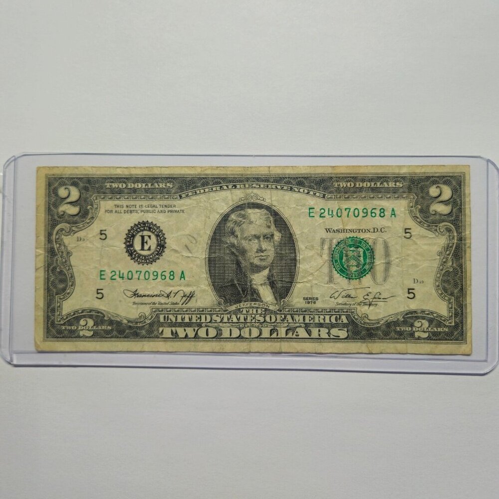 RARE 1976 Two Dollar Bill in Hard Sleeve - Circulated - (B380) - Picture 1 of 10